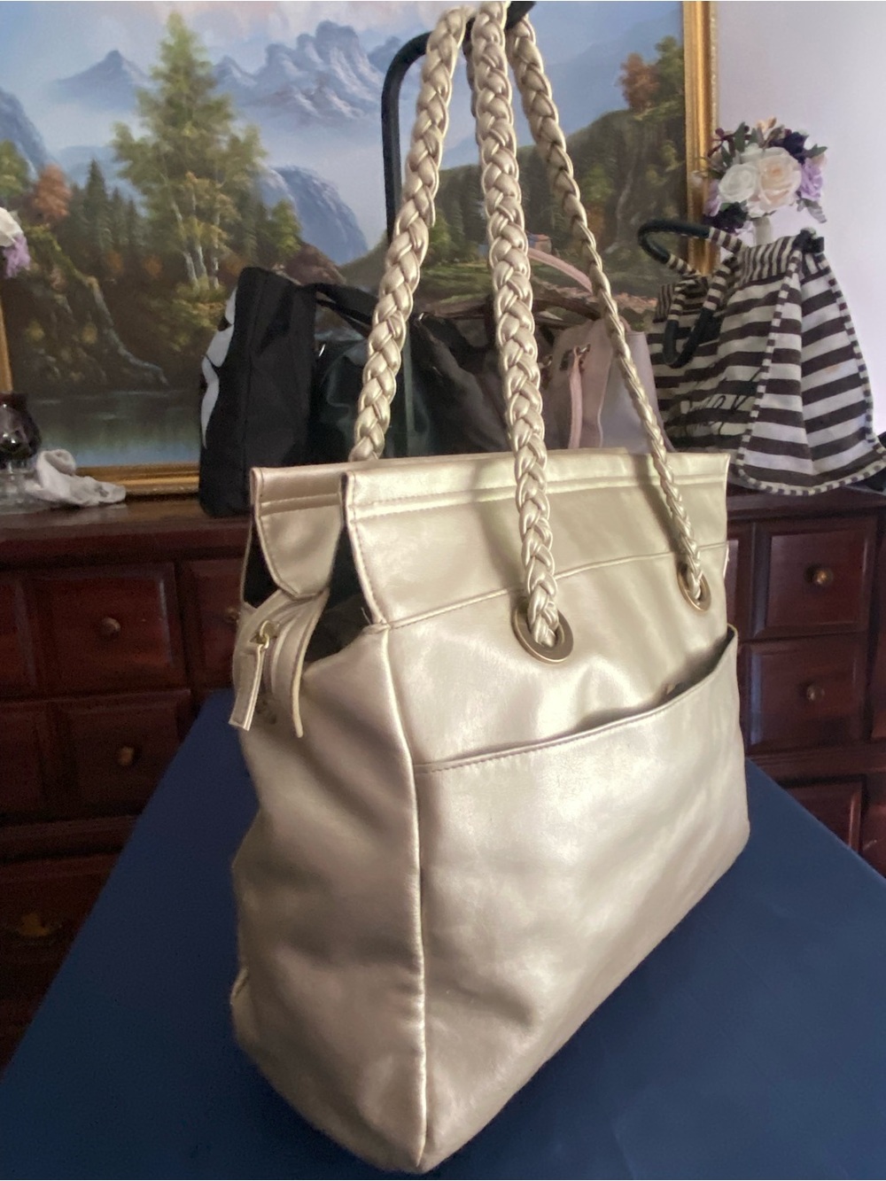 Lancôme Paris Gold Metallic Tote / Overnight Bag Braided Rope Handles Champagne - Picture 2 of 13